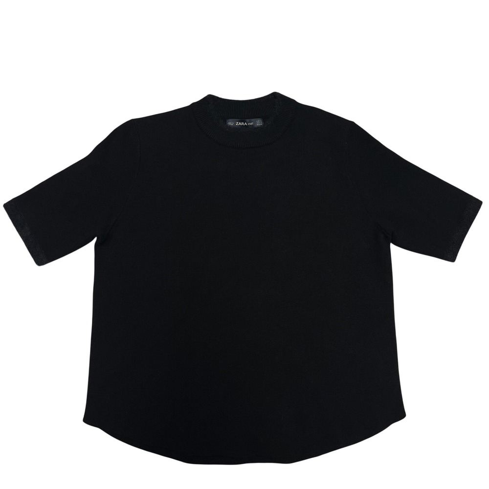 Zara Knit Womens Black Short Sleeve Crew Neck Sweater Top Size S Curved Hem